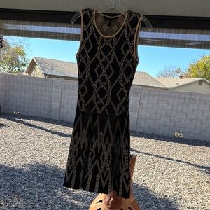 BCBGMaxAzria Black and Gold Patterned Midi Dress
